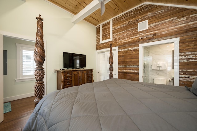 bedroom featuring high vaulted ceiling, wood walls, beamed ceiling, dark wood-type flooring, and wooden ceiling