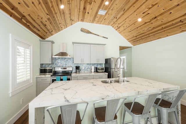 kitchen with sink, a center island with sink, wall chimney exhaust hood, and appliances with stainless steel finishes