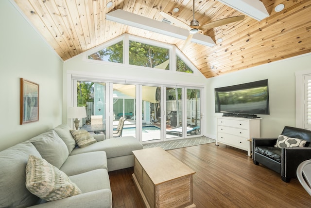 living room with dark wood-type flooring, wood ceiling, a skylight, high vaulted ceiling, and ceiling fan