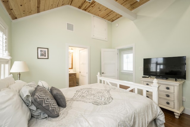 bedroom with ensuite bathroom, high vaulted ceiling, beamed ceiling, dark wood-type flooring, and wooden ceiling