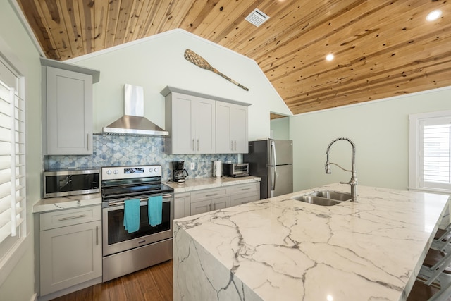 kitchen featuring tasteful backsplash, sink, stainless steel appliances, light stone countertops, and wall chimney range hood