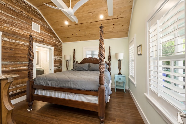 bedroom featuring ensuite bathroom, high vaulted ceiling, wooden ceiling, and dark hardwood / wood-style flooring