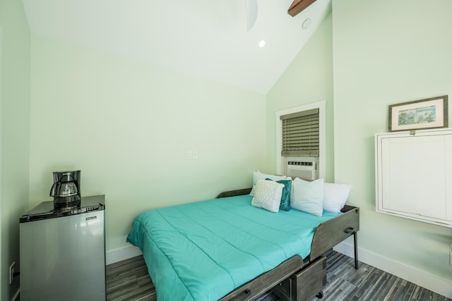 bedroom with cooling unit, dark hardwood / wood-style floors, and high vaulted ceiling