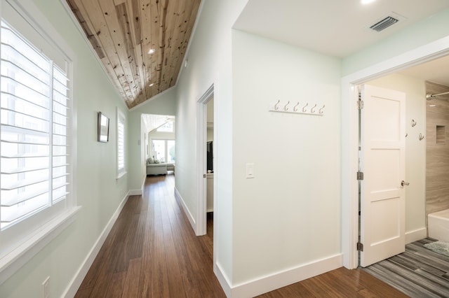 corridor featuring vaulted ceiling, dark wood-type flooring, and wood ceiling