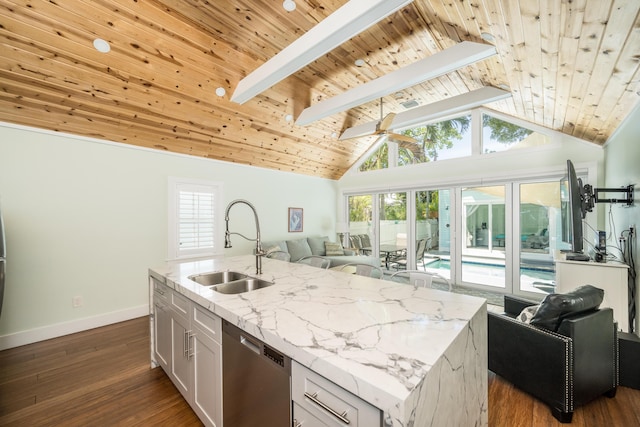 kitchen featuring sink, dishwasher, light stone counters, an island with sink, and white cabinets