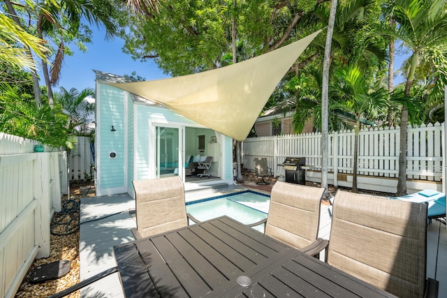 view of swimming pool with grilling area and a patio area