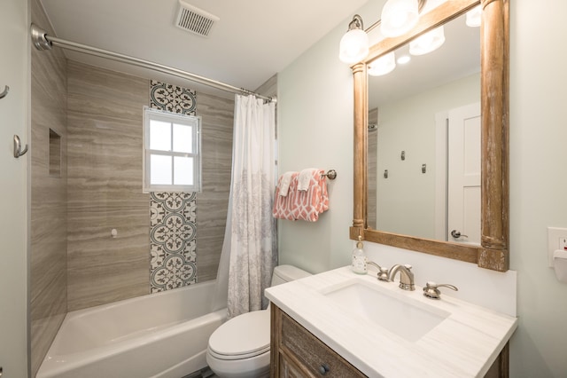 full bathroom with vanity, toilet, and shower / bathtub combination with curtain