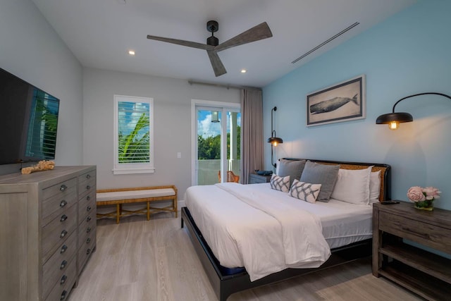 bedroom with ceiling fan, access to outside, and light wood-type flooring