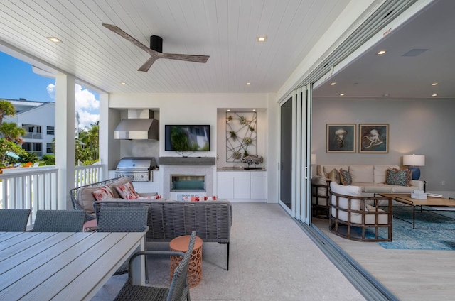 living room featuring wooden ceiling, floor to ceiling windows, and ceiling fan