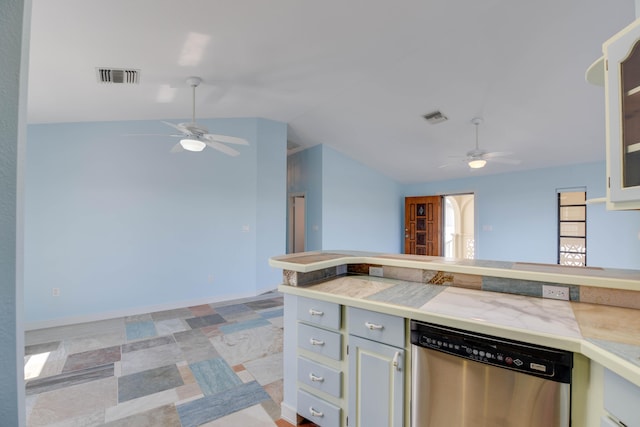 kitchen featuring ceiling fan, dishwasher, and vaulted ceiling