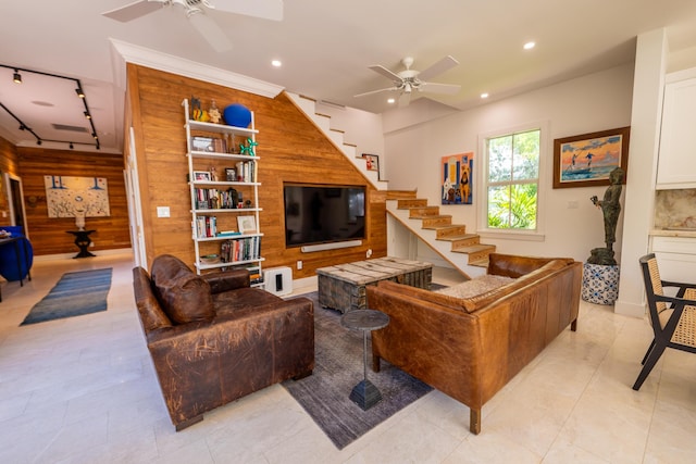 316 Southard St, Key West, FL 33040 - living area with a ceiling fan, wood walls, stairs, recessed lighting, and light tile patterned floors