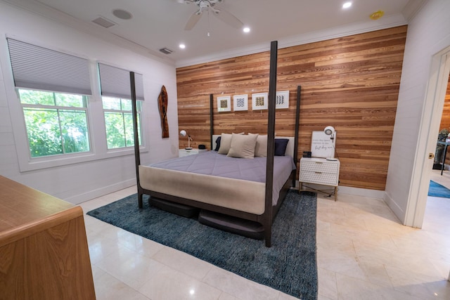 316 Southard St, Key West, FL 33040 - bedroom featuring wood walls, crown molding, baseboards, recessed lighting, and an accent wall