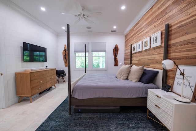 316 Southard St, Key West, FL 33040 - bedroom featuring crown molding, wood walls, recessed lighting, a ceiling fan, and light tile patterned floors