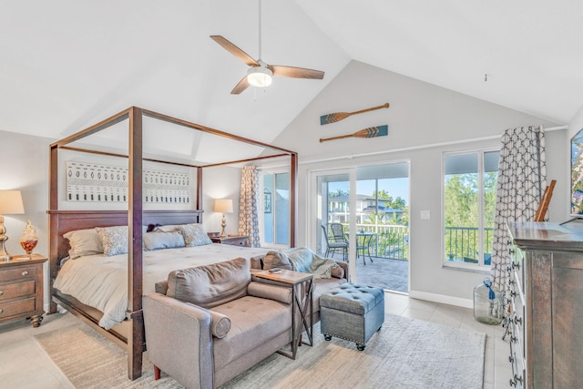 bedroom featuring access to exterior, high vaulted ceiling, ceiling fan, and light tile patterned flooring