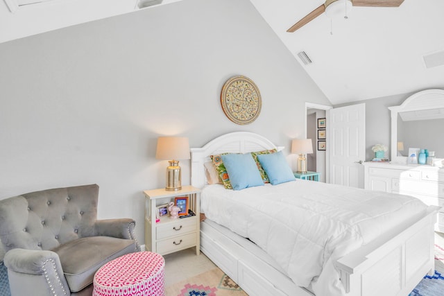 bedroom featuring high vaulted ceiling and ceiling fan