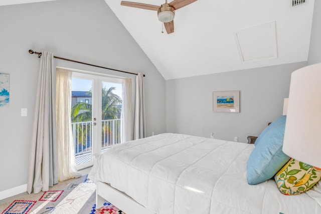 bedroom with vaulted ceiling, light carpet, access to outside, and ceiling fan