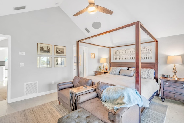 tiled bedroom featuring high vaulted ceiling and ceiling fan