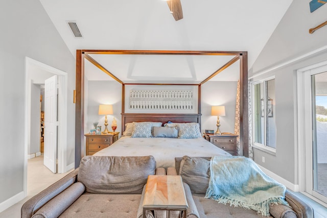 bedroom with lofted ceiling, access to exterior, and ceiling fan