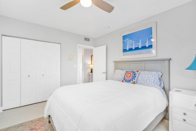 bedroom featuring ceiling fan and a closet