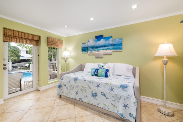 bedroom featuring crown molding, access to outside, and light tile patterned floors