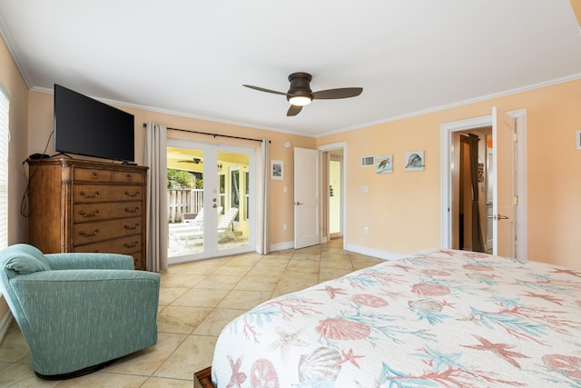 bedroom with crown molding, ceiling fan, tile patterned flooring, access to outside, and french doors