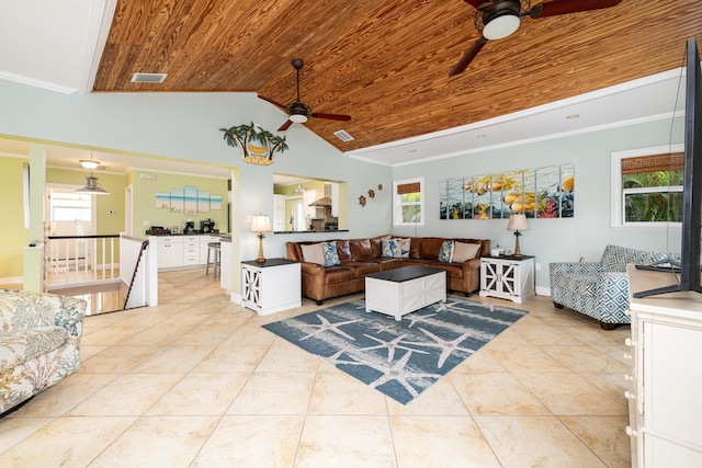 living room featuring wood ceiling, crown molding, and light tile patterned flooring