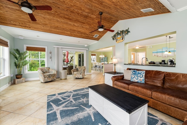 tiled living room featuring vaulted ceiling, ceiling fan with notable chandelier, sink, ornamental molding, and wood ceiling