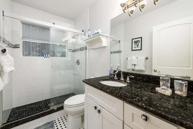 bathroom featuring vanity, toilet, and a shower with shower door