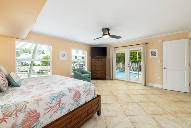 bedroom featuring light tile patterned flooring, ornamental molding, access to outside, ceiling fan, and french doors