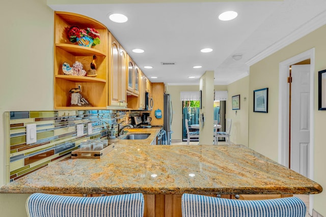 kitchen with tasteful backsplash, ornamental molding, stainless steel appliances, and kitchen peninsula