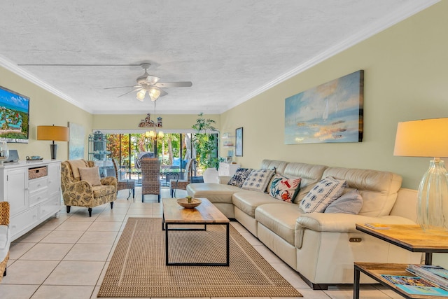 tiled living room featuring crown molding, ceiling fan with notable chandelier, and a textured ceiling