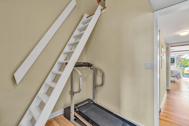 exercise area featuring light hardwood / wood-style floors