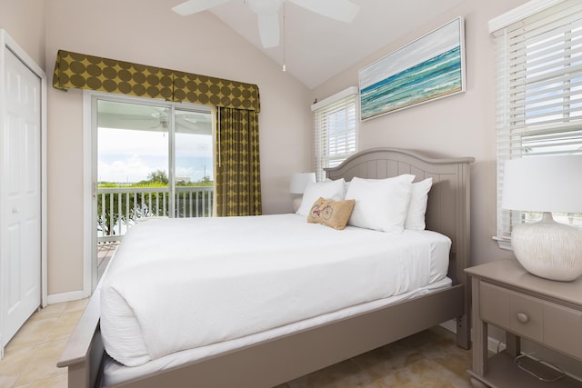 bedroom featuring light tile patterned flooring, access to exterior, ceiling fan, and vaulted ceiling