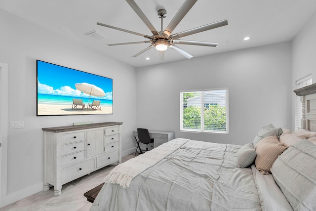 811 La Paloma Rd, Key Largo, FL 33037 - bedroom with baseboards, recessed lighting, a ceiling fan, and light marble finish floors