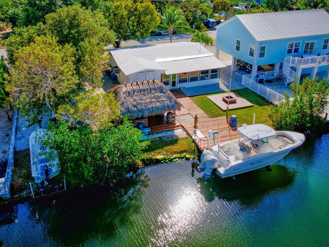 aerial view featuring a water view