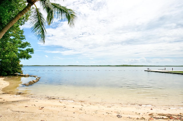 view of dock featuring a water view and a beach view