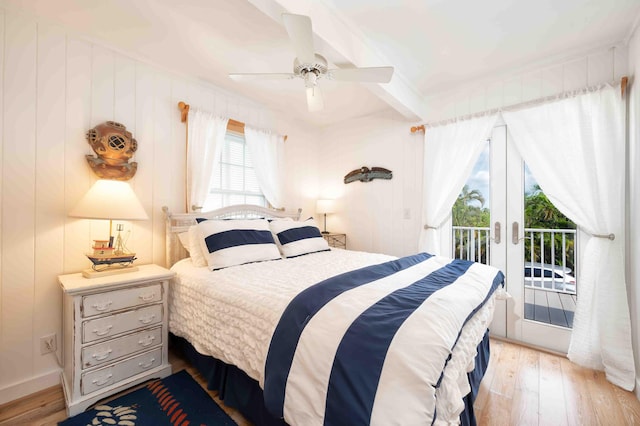 bedroom featuring ceiling fan, access to exterior, light wood-type flooring, and french doors