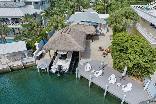 aerial view featuring a water view