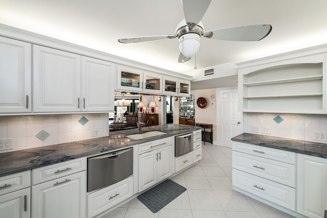 6301 Gulf Of Mexico Blvd Unit 301, Marathon, FL 33050 - kitchen with light tile patterned floors, visible vents, white cabinetry, open shelves, and glass insert cabinets