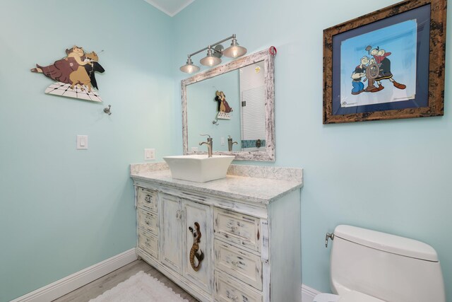 bathroom with hardwood / wood-style flooring, vanity, and toilet