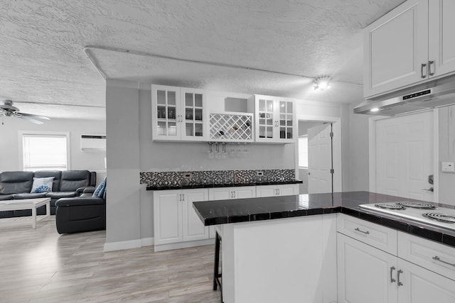 kitchen featuring under cabinet range hood, electric cooktop, glass insert cabinets, white cabinets, and light wood-style floors