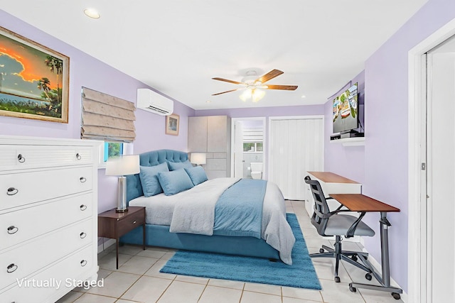 263 Azalea St, Tavernier, FL 33070 - bedroom featuring a wall unit AC, light tile patterned flooring, a closet, recessed lighting, and a ceiling fan