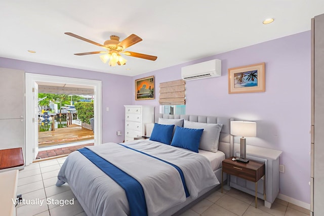 263 Azalea St, Tavernier, FL 33070 - bedroom featuring a wall unit AC, access to exterior, light tile patterned flooring, a ceiling fan, and recessed lighting