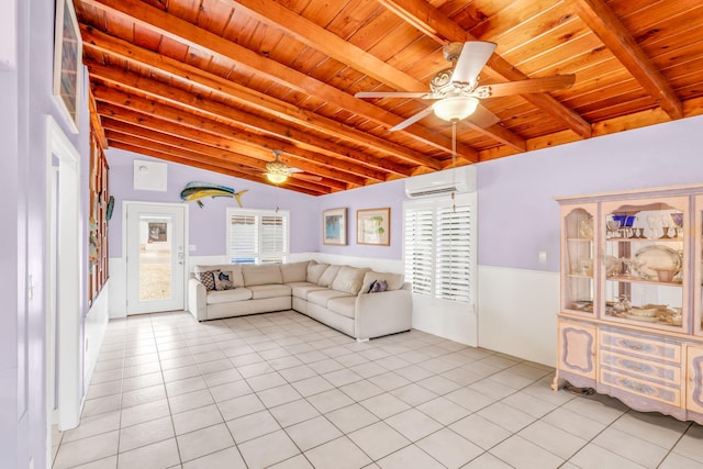 263 Azalea St, Tavernier, FL 33070 - living room with wood ceiling, a wall mounted air conditioner, a ceiling fan, light tile patterned floors, and a wainscoted wall