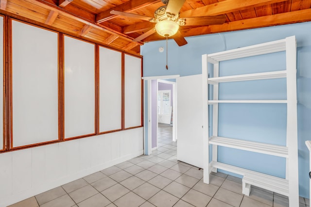 263 Azalea St, Tavernier, FL 33070 - unfurnished room featuring a wooden ceiling with exposed beams, a ceiling fan, and light tile patterned floors