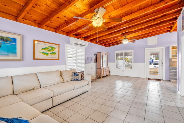 263 Azalea St, Tavernier, FL 33070 - living room with an AC wall unit, wooden ceiling, a ceiling fan, and light tile patterned floors