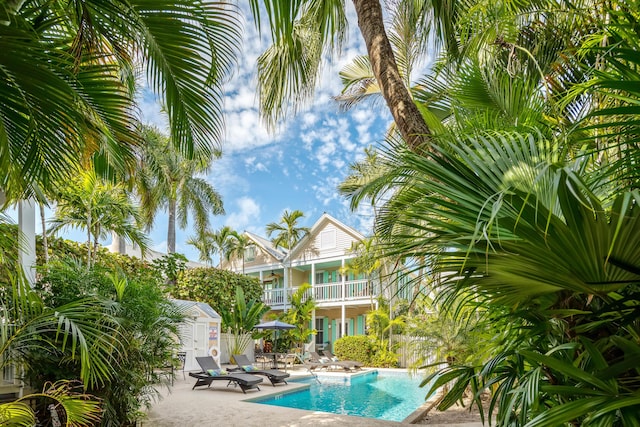 outdoor pool featuring a patio area and an outdoor structure