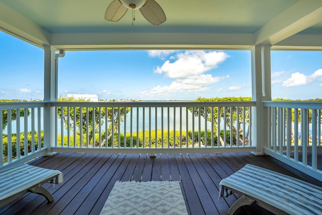 deck featuring a water view and ceiling fan