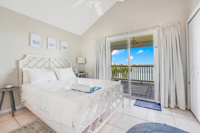 bedroom featuring lofted ceiling, access to outside, ceiling fan, and light tile patterned floors