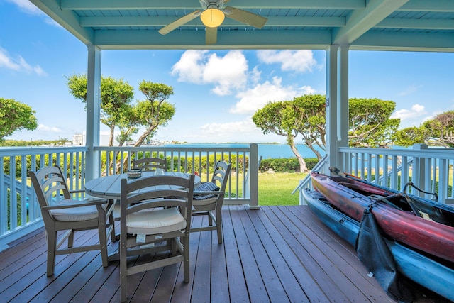 deck featuring a water view and ceiling fan